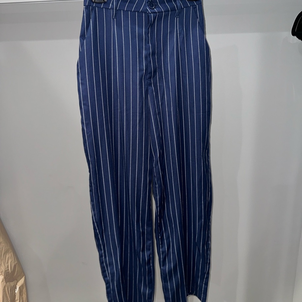 H&M Navy Blue and White Pinstripe Trousers High Waisted and Straight Leg